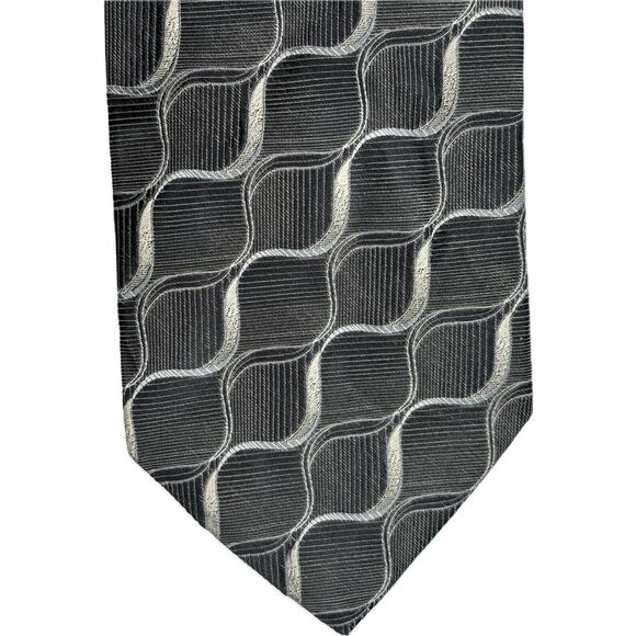 Pronto Uomo Silk Tie Brown Gray White Geometric Waves Men Necktie Italy 57" - Picture 1 of 4